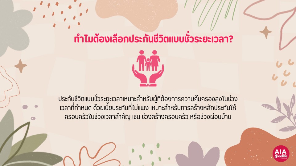 ทำไมต้องเลือกประกันชีวิตแบบชั่วระยะเวลา? 
เพราะประกันชีวิตแบบชั่วระยะเวลาเหมาะสำหรับผู้ที่ต้องการความคุ้มครองสูงในราคาไม่แพง ในช่วงเวลาที่ต้องการ